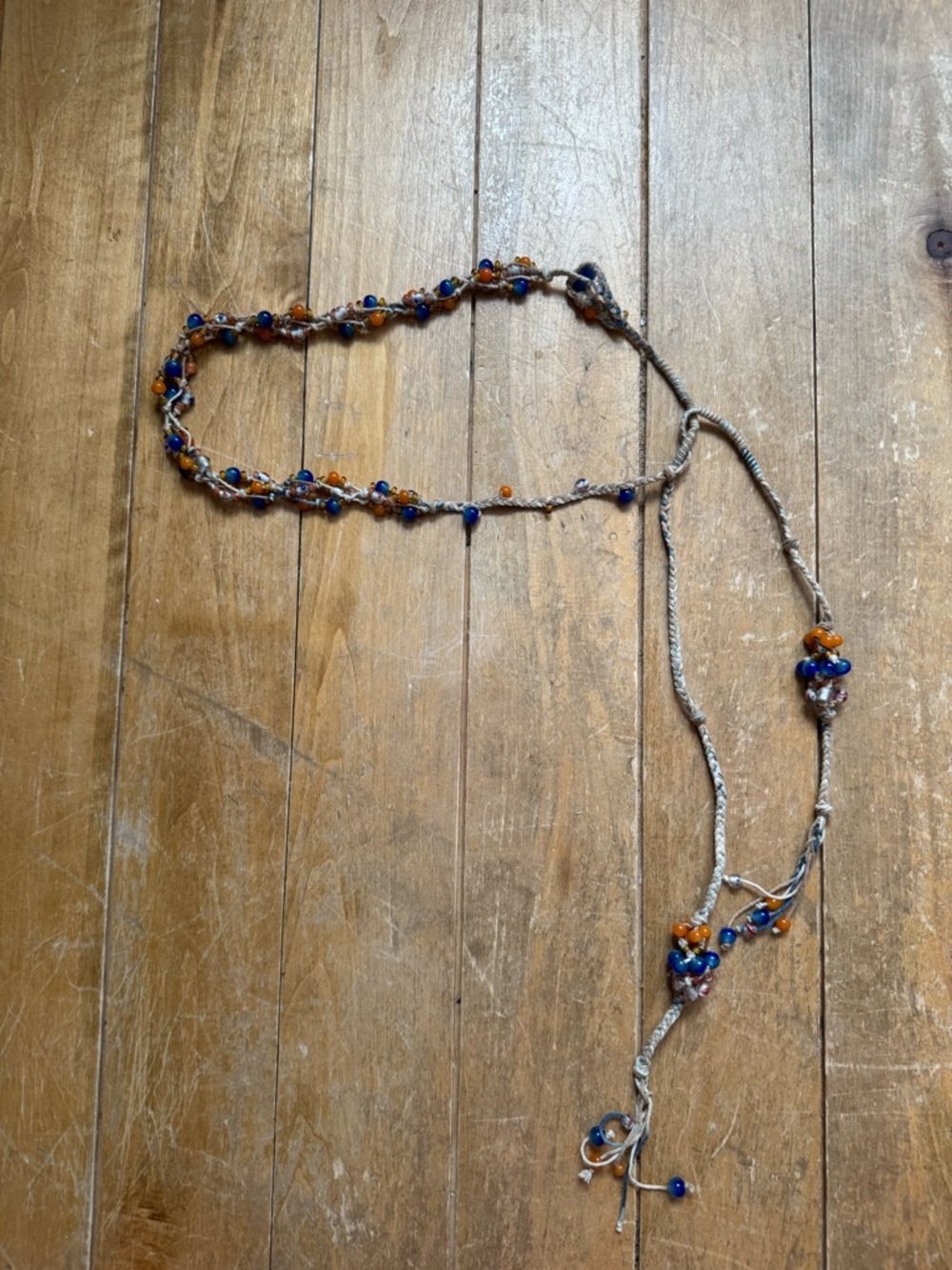 Boho Beaded Wrap Necklace or Belt in Blue and Amber -